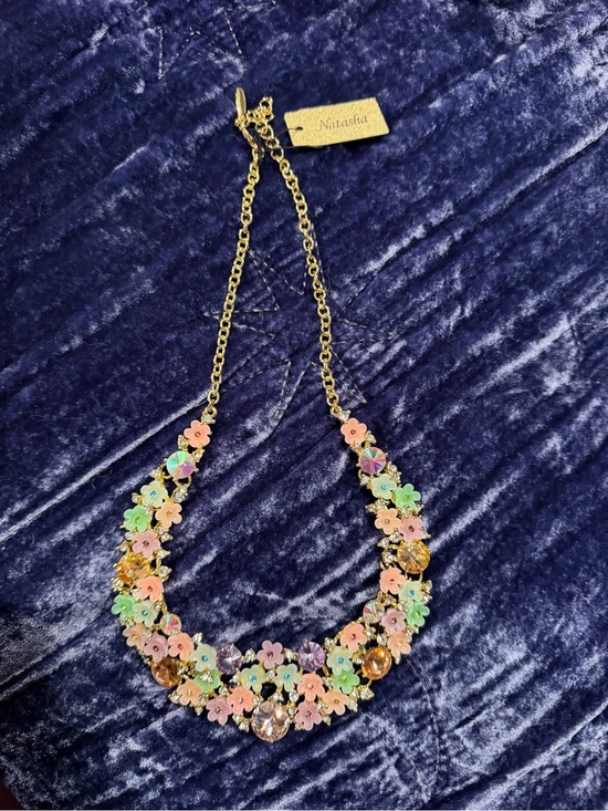 Natasha Couture Jewelry - Natasha Couture Pastel Multicolor Floral Crystal Necklace in Gold